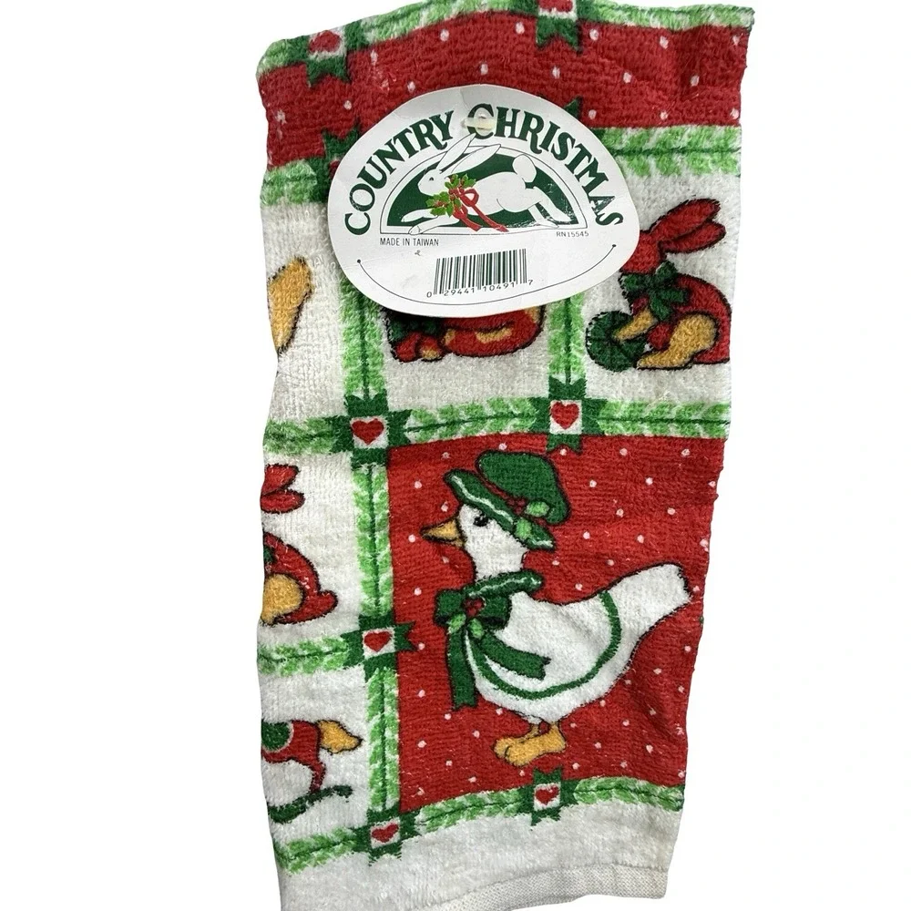 Vintage Country Christmas Terry Kitchen Towel Goose Bunny Rabbit NOS 90s